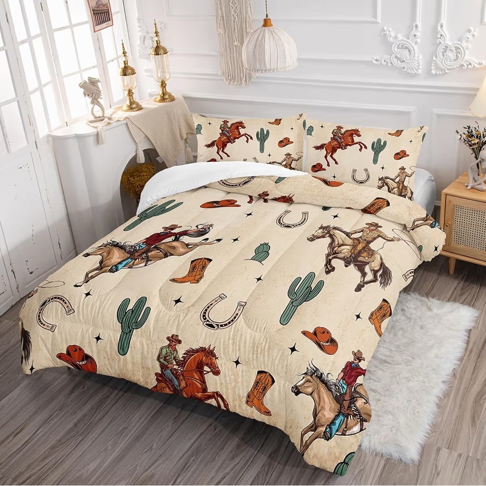 Western Cowboy Comforter Set Full Size, Rodeo Riding Bull With Cacti Set 3-Piece - Picture 4 of 8